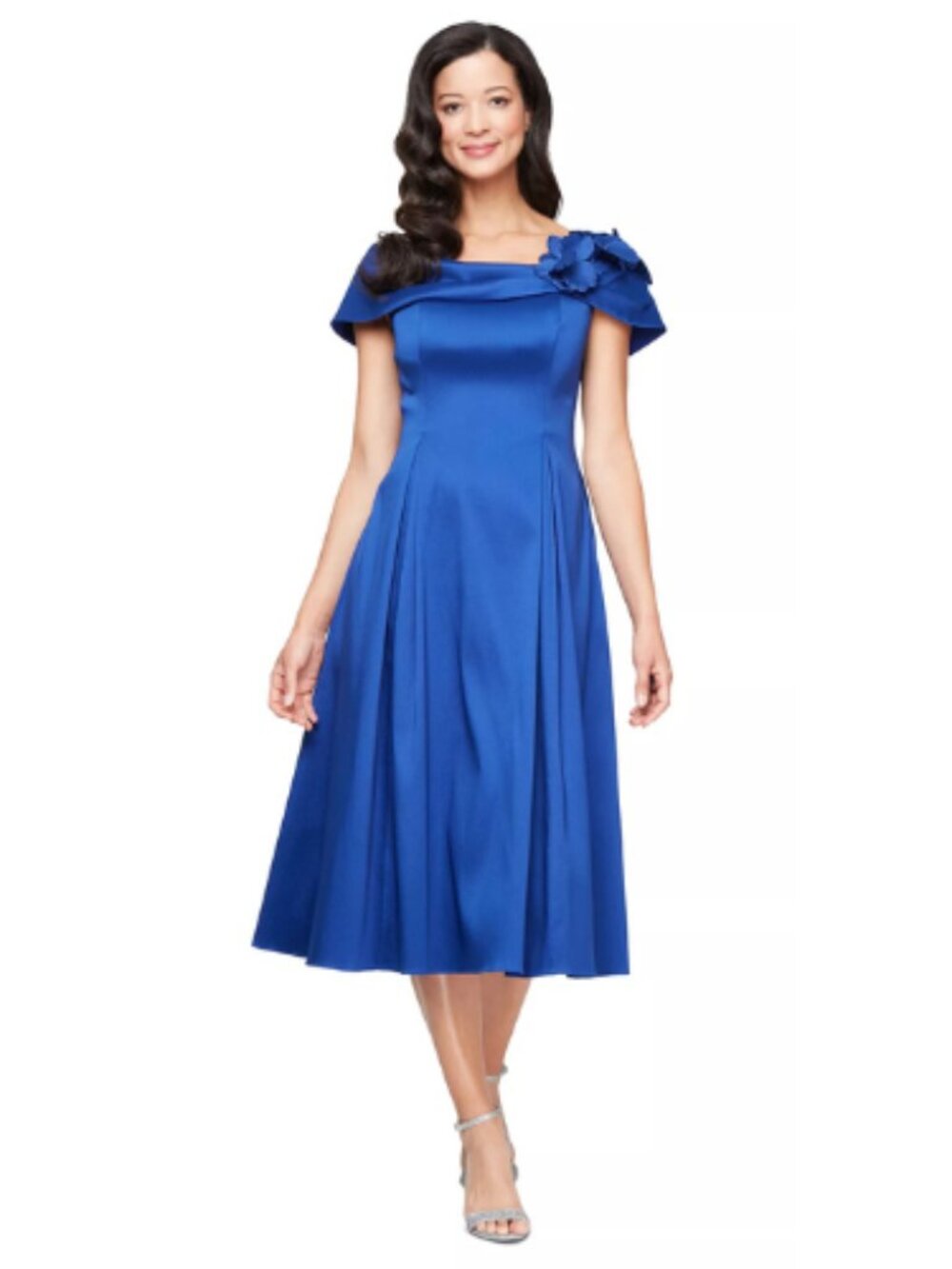 Alex Evenings Royal Blue Satin Off the Shoulder Floral Evening Gown 12